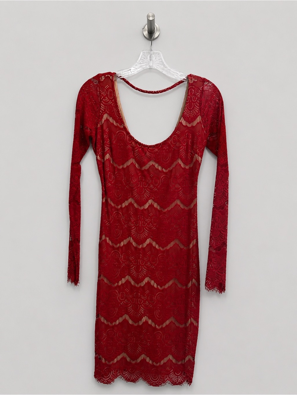bebe Red Lace Long Sleeve Scoop-Back Dress